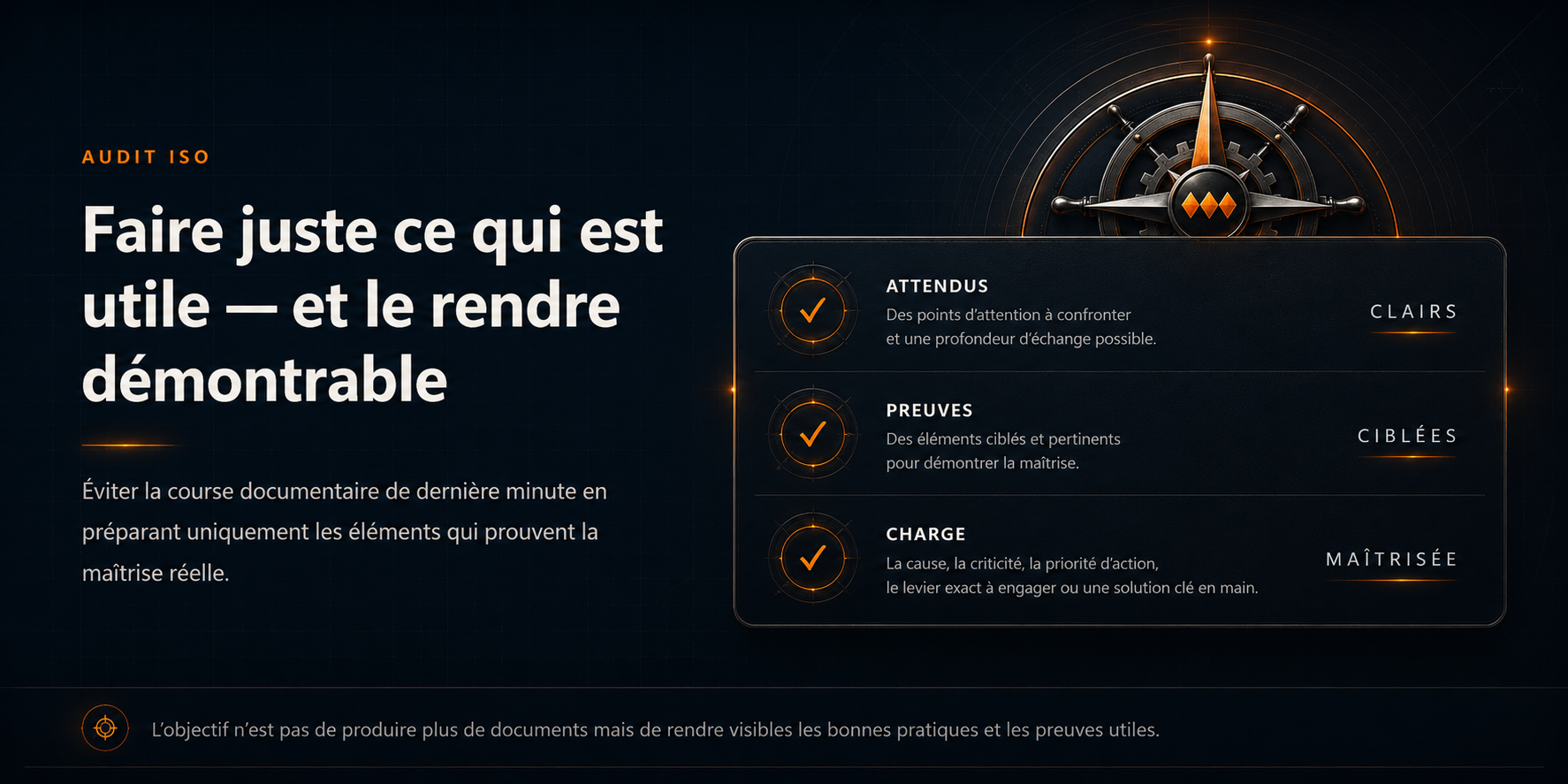 Schéma premium d’audit ISO mettant en avant des attendus clairs, des preuves ciblées et une charge maîtrisée.