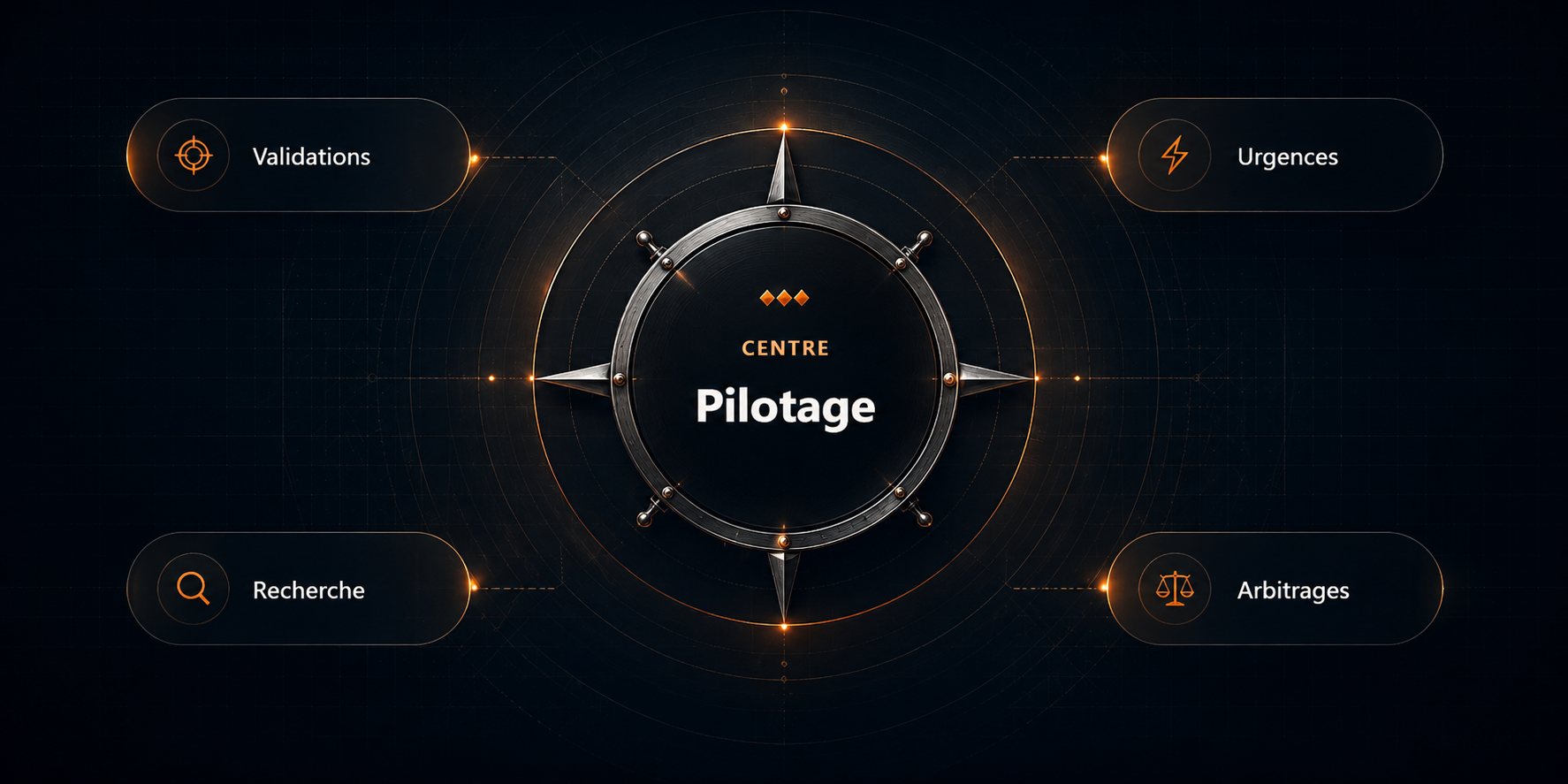 Schéma premium du centre de pilotage avec validations, urgences, recherche et arbitrages.