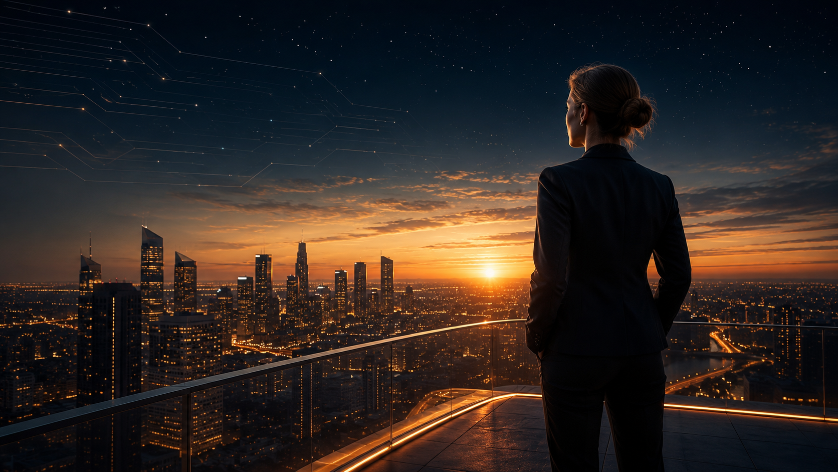 Dirigeante observant au loin, vision stratégique et confiance dans un environnement urbain futuriste
